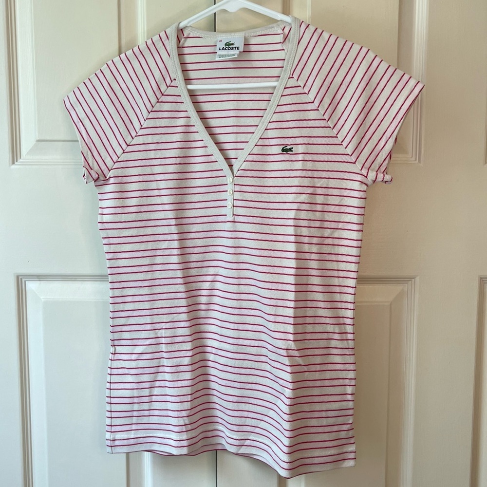 Lacoste women’s Y2K pink white striped v-neck pique cotton button top size 40
